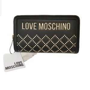 NWT ❤ LOVE  MOSCHINO ❤ Black Italian Leather Studded Zip Around Wallet Clutch